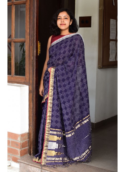 Bluish Purple, Handwoven Organic Cotton, Textured Weave , Tie & dye, Occasion Wear, Jari, Rai Bandhani Saree